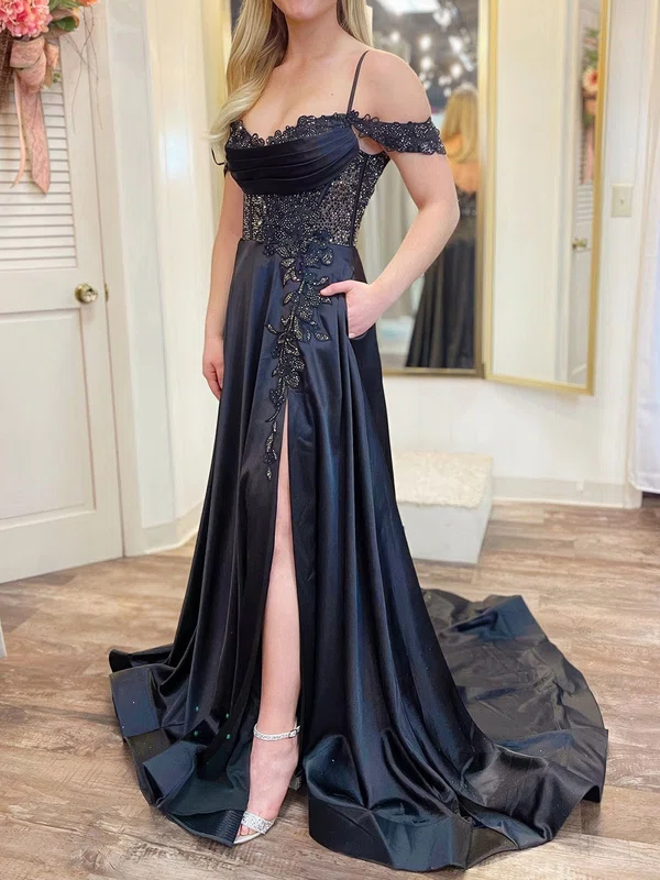 Modest Black Satin A-line Appliques Beaded Prom Dresses #Milly020124224