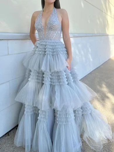 Ball Gown Halter Tulle Ruffle Tiered Prom Dresses With Appliques #Milly020124263