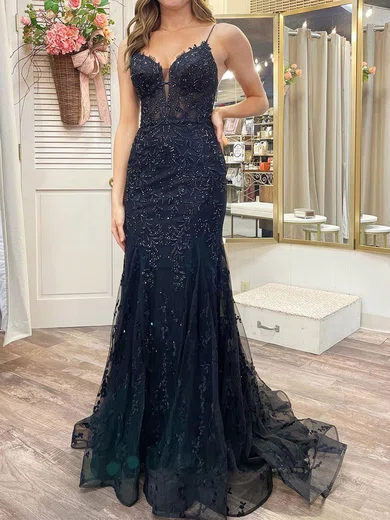 Black Mermaid V-neck Tulle Prom Dresses With Appliques #Milly020124265