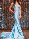 Mermaid V-neck Backless Satin Prom Dresses With Appliques #Milly020124269