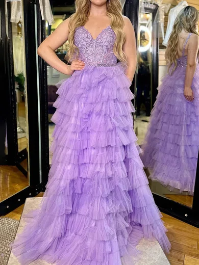 Ball Gown Sweetheart Tulle Ruffle Tiered Prom Dresses With Appliques #Milly020124271