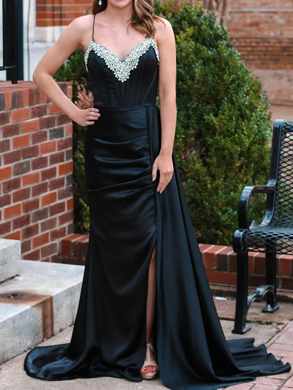 Corset Black Satin Sheath/Column Beaded Ruched Prom Dresses #Milly020124280