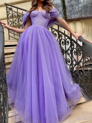 Ball Gown Off-the-shoulder Tulle Corset Prom Dresses With Ruched #Milly020124297