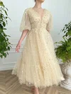 Princess V-neck Tulle Puff Sleeves Floral Long Homecoming Dresses #Milly020124308