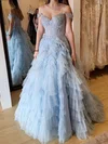 Ball Gown Off-the-shoulder Tulle Tiered Prom Dresses With Appliques #Milly020124313