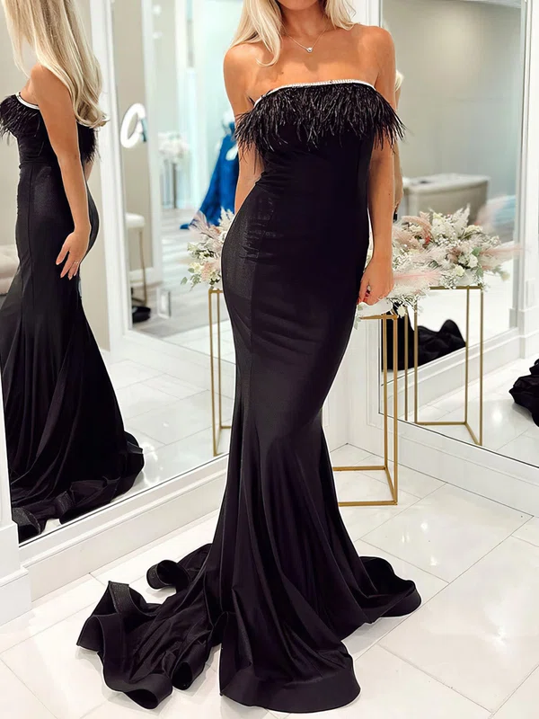 Black Mermaid Straight Jersey Prom Dresses With Feather #Milly020124328