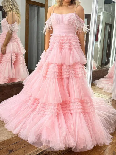 Ball Gown Square Neck Tulle Tiered Prom Dresses With Feather #Milly020124342