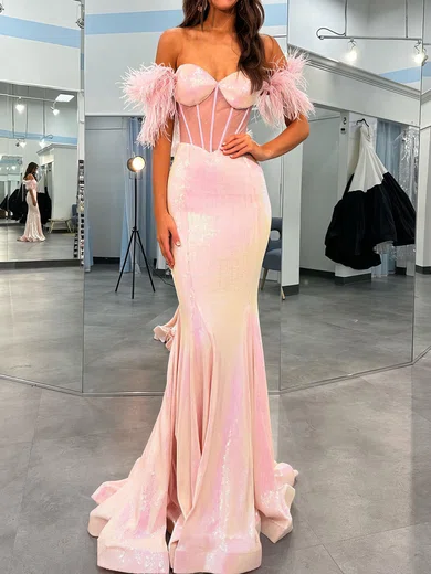 Mermaid Off-the-shoulder Sparkly Sequin Prom Dresses With Feather #Milly020124380