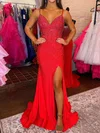 Glitter Red Jersey Trumpet/Mermaid V-neck Beaded Prom Dresses #Milly020124382