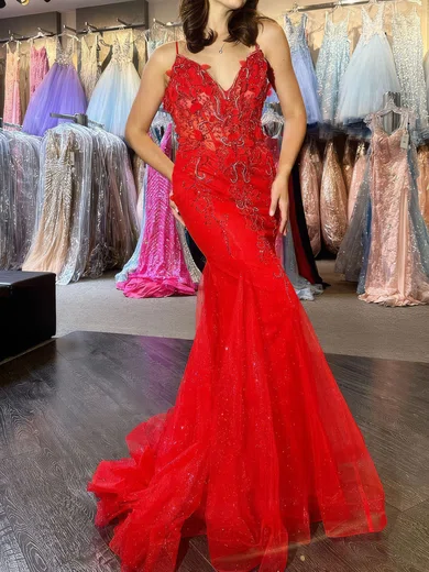 Red Mermaid V-neck Tulle Prom Dresses With Appliques #Milly020124397