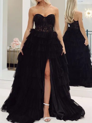 Ball Gown Strapless Tulle Ruffle Tiered Prom Dresses With Appliques #Milly020124423