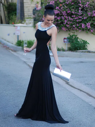 Sheath/Column Scoop Neck Jersey Sweep Train Crystal Detailing Prom Dresses #02016327