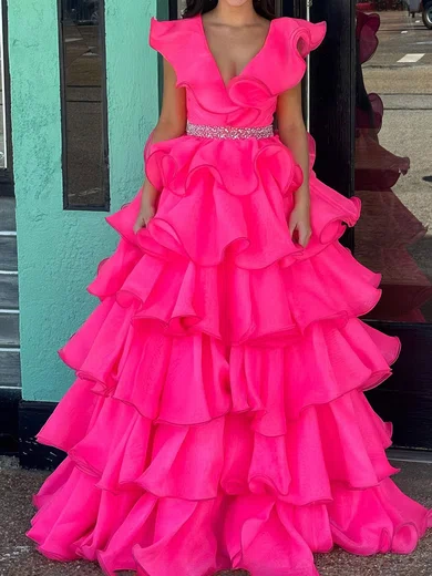 Ball Gown V-neck Tulle Ruffle Tiered Prom Dresses With Beading #Milly020124473