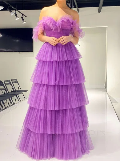 Ball Gown Off-the-shoulder Tulle Tiered Prom Dresses With Ruched #Milly020124478