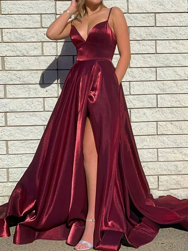Ball Gown V-neck Satin Prom Dresses With Ruched #Milly020124510