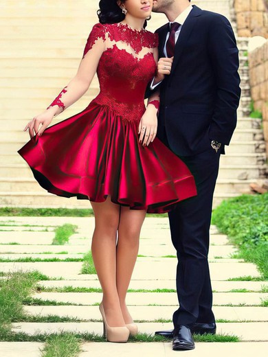 A-line Scoop Neck Satin Short/Mini Homecoming Dresses With Appliques Lace #02016430