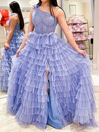 Ball Gown One Shoulder Tulle Tiered Prom Dresses With Appliques #Milly020124552