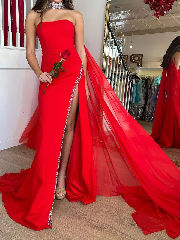 Elegant Red Sheath/Column Straight Beaded Split Prom Dresses #Milly020124577