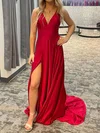 Red A-line V-neck Satin Prom Dresses With Ruched #Milly020124580