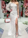 Elegant White Tulle Sheath/Column One Shoulder Appliques Prom Dresses #Milly020124584