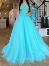 Ball Gown V-neck Backless Tulle Prom Dresses With Appliques #Milly020124587