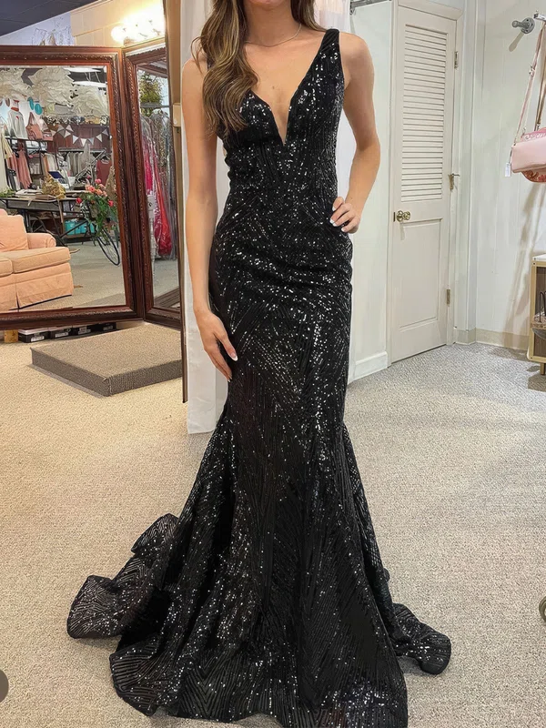Black Mermaid V-neck Backless Sparkly Sequin Prom Dresses #Milly020124609
