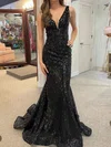 Black Mermaid V-neck Backless Sparkly Sequin Prom Dresses #Milly020124609