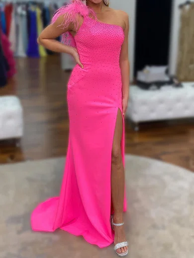 Sheath/Column One Shoulder Beaded Prom Dresses With Feather #Milly020124613