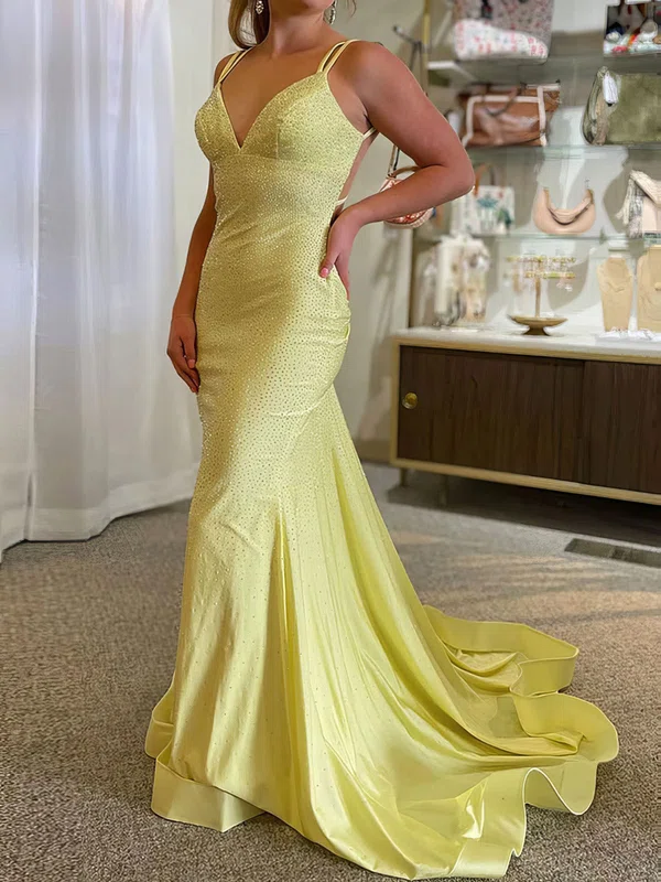 Sheath/Column V-neck Satin Beaded Prom Dresses With Ruched #Milly020124633