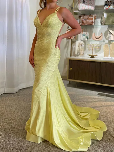 Sheath/Column V-neck Satin Beaded Prom Dresses With Ruched #Milly020124633