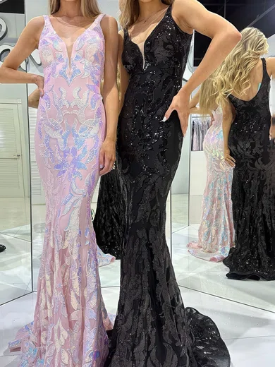 Mermaid V-neck Floor-length Sparkly Sequin Prom Dresses #Milly020124641