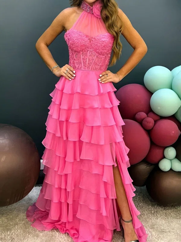 Ball Gown High Neck Chiffon Tiered Prom Dresses With Appliques #Milly020124646