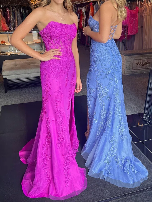 Sheath/Column Strapless Tulle Prom Dresses With Appliques #Milly020124648