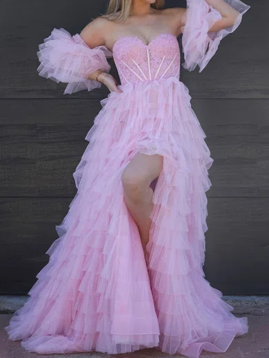 Ball Gown Strapless Tulle Tiered Prom Dresses With Puff Sleeve #Milly020124649