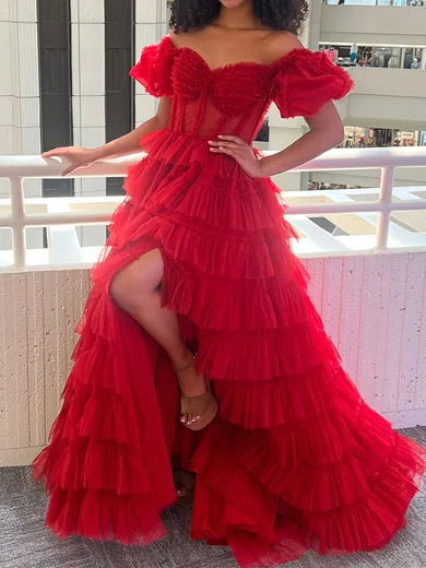 Ball Gown Off-the-shoulder Tulle Tiered Prom Dresses With Puff Sleeve #Milly020124664