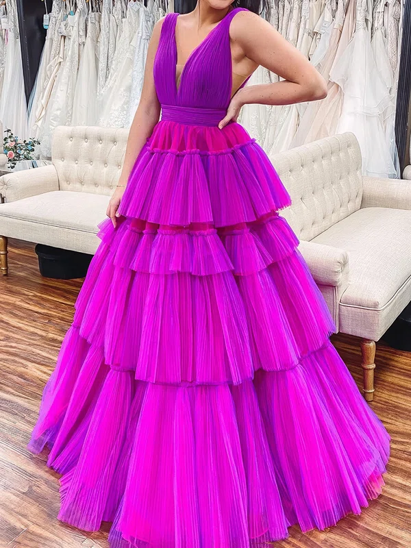 Ball Gown V-neck Tulle Ruffle Tiered Prom Dresses #Milly020124666