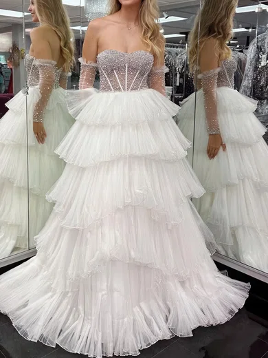Ball Gown Sweetheart Tulle Ruffle Tiered Prom Dresses With Beading #Milly020124695