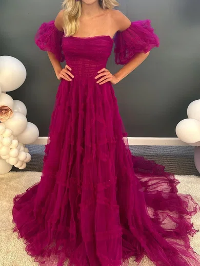 Ball Gown Strapless Tulle Ruffle Prom Dresses With Puff Sleeve #Milly020124707