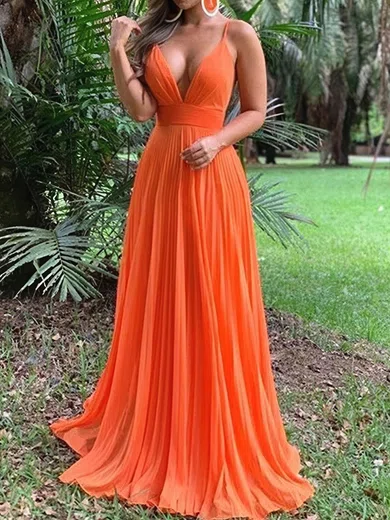 A-line V-neck Chiffon Floor-length Pleated Prom Dresses #Milly020124720