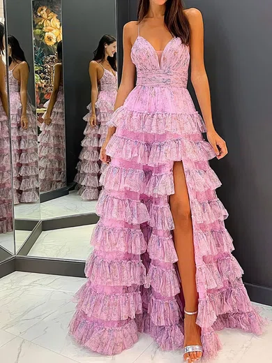 Ball Gown V-neck Tulle Floral Ruffle Tiered Prom Dresses #Milly020124736