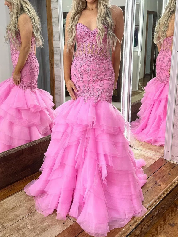 Mermaid Strapless Tulle Ruffle Tiered Prom Dresses With Appliques #Milly020124744