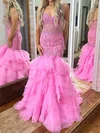 Mermaid Strapless Tulle Ruffle Tiered Prom Dresses With Appliques #Milly020124744