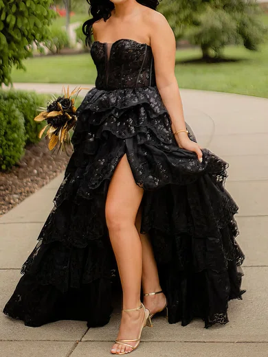 Ball Gown Strapless Tulle Tiered Prom Dresses With Appliques #Milly020124802