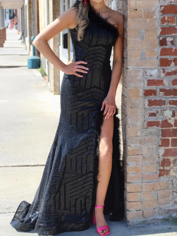 Sheath/Column One Shoulder Sparkly Sequin Prom Dresses With Feather #Milly020124806