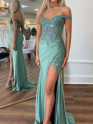 Sheath/Column Off-the-shoulder Jersey Prom Dresses With Appliques #Milly020124815