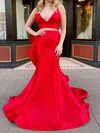 Red Mermaid V-neck Satin Two Piece Prom Dresses With Bow #Milly020124822