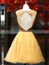 Cute Scoop Neck Gold Tulle Sequined Open Back Short/Mini Prom Dress #02016919