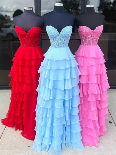 Ball Gown Strapless Chiffon Ruffle Tiered Prom Dresses With Appliques #Milly020125244