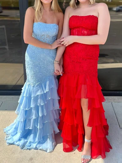 Mermaid Strapless Chiffon Tiered Prom Dresses With Appliques #Milly020125254
