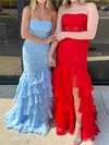 Mermaid Strapless Chiffon Tiered Prom Dresses With Appliques #Milly020125254